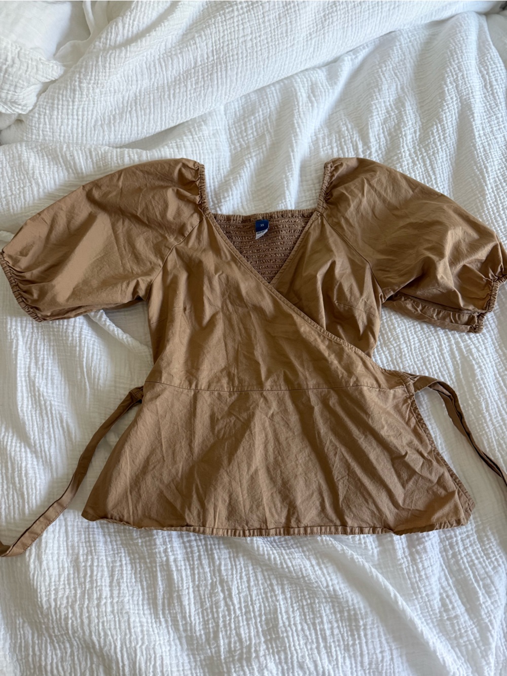 Old Navy Brown Wrap Puff Sleeve Smocked Back Top